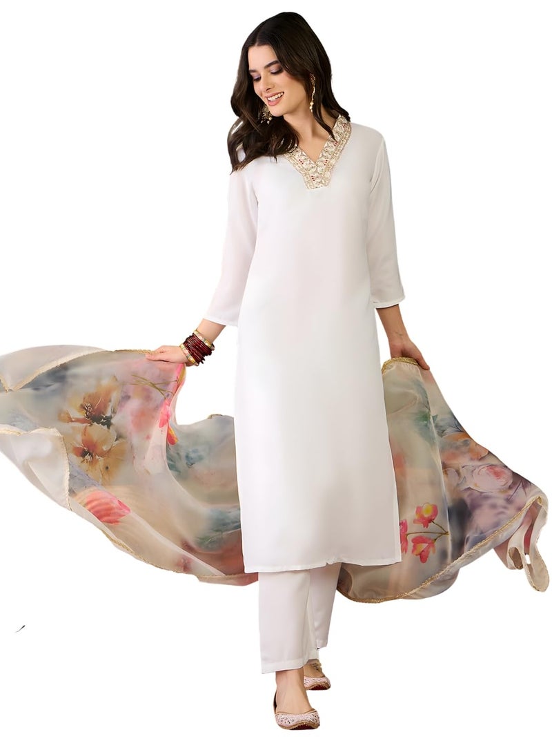Naixa Women's Rayon Embroidered Straight Kurta with Pant and Dupatta Sets (NX-502-Offwhite-M) - Image 1