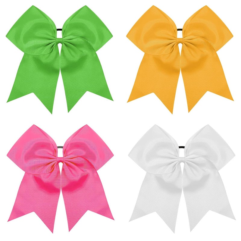 4pcs 8 Large Cheer Bows for Cheerleading Cheerleader Bows Elastics Hair Ties Bands Grosgrain Ribbon Ponytail Holder Team Baseball Softball Tennis White Pink Yellow Green