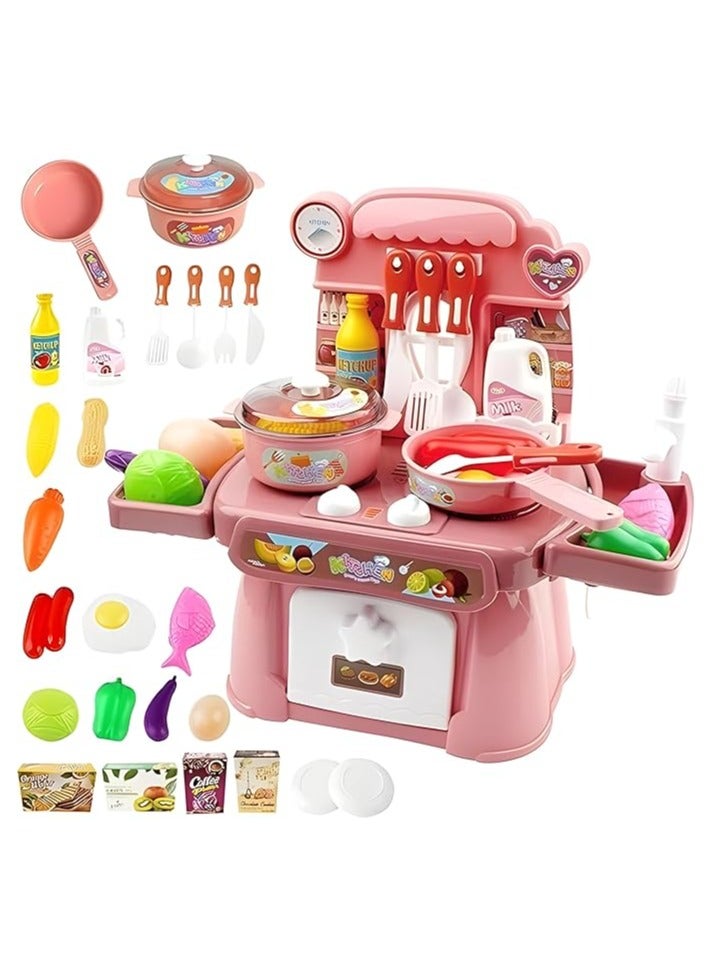 Kitchen Toys, Chef Toy with Light and Music, Safe and Cute Dinner Set Toy for Girls, Fun Gift Toy for Kids, Kitchen and Sink Toy with Running Water and Induction Stove (pink)