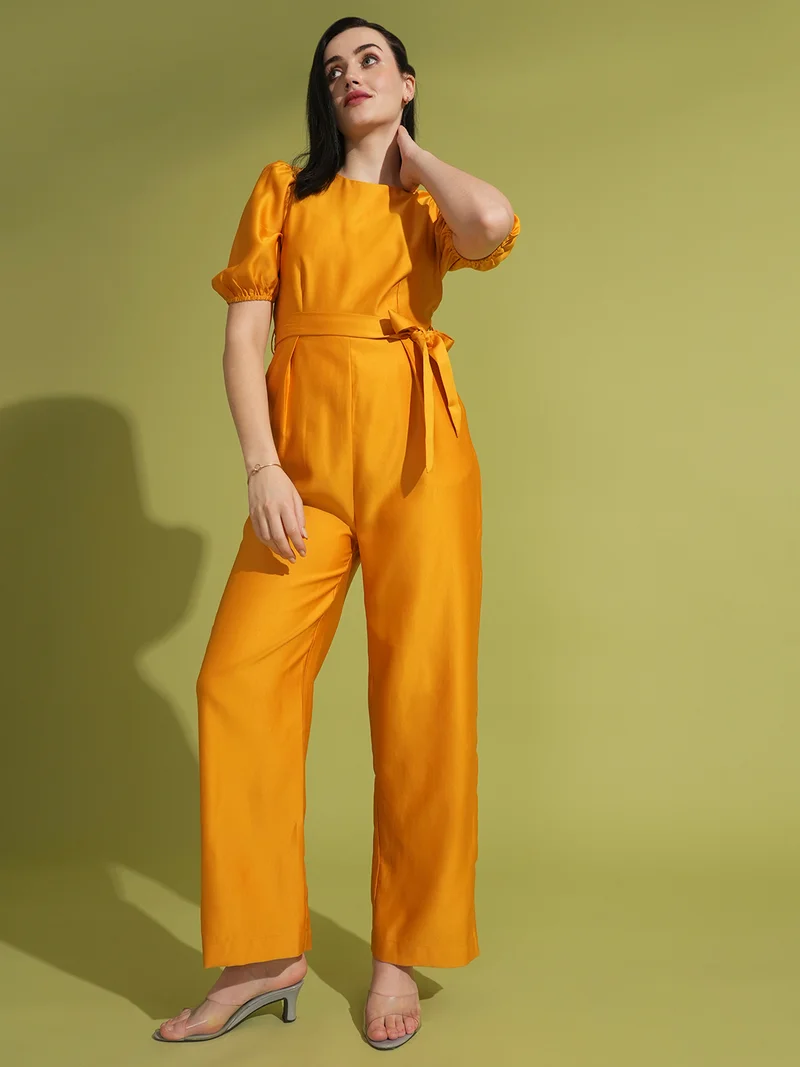 globus Women Puff Sleeve Waist Tie-Up Satin Jumpsuit
