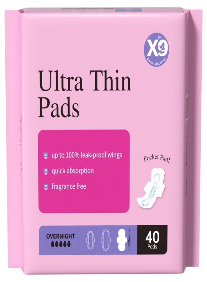 X9 Ultra Thin Pads for Women with Wings, Overnight Period Pads, Lightweight & Discreet Feminine Pads, Nighttime Protection, 40 Count - Image 1