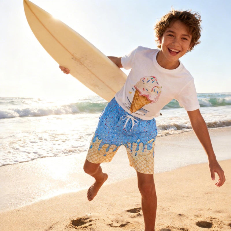 westwolf Big Boy Swimming Trunks with Compress Kids Yellow Waffle Running Board Shorts Swim Shorts Size 10-12 Years Boys Blue Ice Cream Pool Party - Image 2