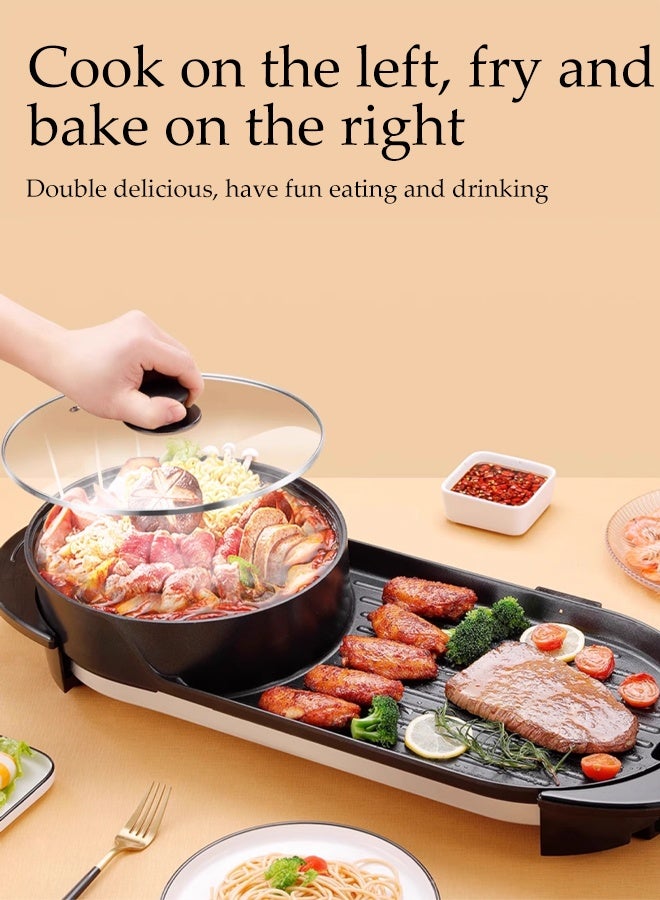 DUNISO Multifunctional Electric Hot Pot 2 in 1 Indoor Non-Stick Electric Pot and Griddle Portable Rapid Heating Electric Frying Pan with Large Capacity Double-flavor Hot Pot for Travel Dormitory for Steak Party Camping Roast Meat - Image 2
