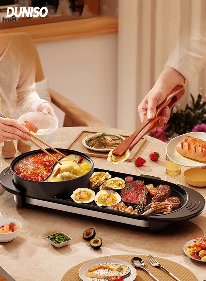 DUNISO Multifunctional Electric Hot Pot 2 in 1 Indoor Non-Stick Electric Pot and Griddle Portable Rapid Heating Electric Frying Pan with Large Capacity Double-flavor Hot Pot for Travel Dormitory for Steak Party Camping Roast Meat - Image 1
