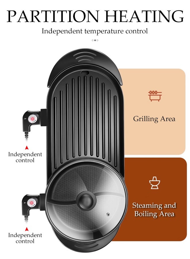 DUNISO Multifunctional Electric Hot Pot 2 in 1 Indoor Non-Stick Electric Pot and Griddle Portable Rapid Heating Electric Frying Pan with Large Capacity Double-flavor Hot Pot for Travel Dormitory for Steak Party Camping Roast Meat - Image 3