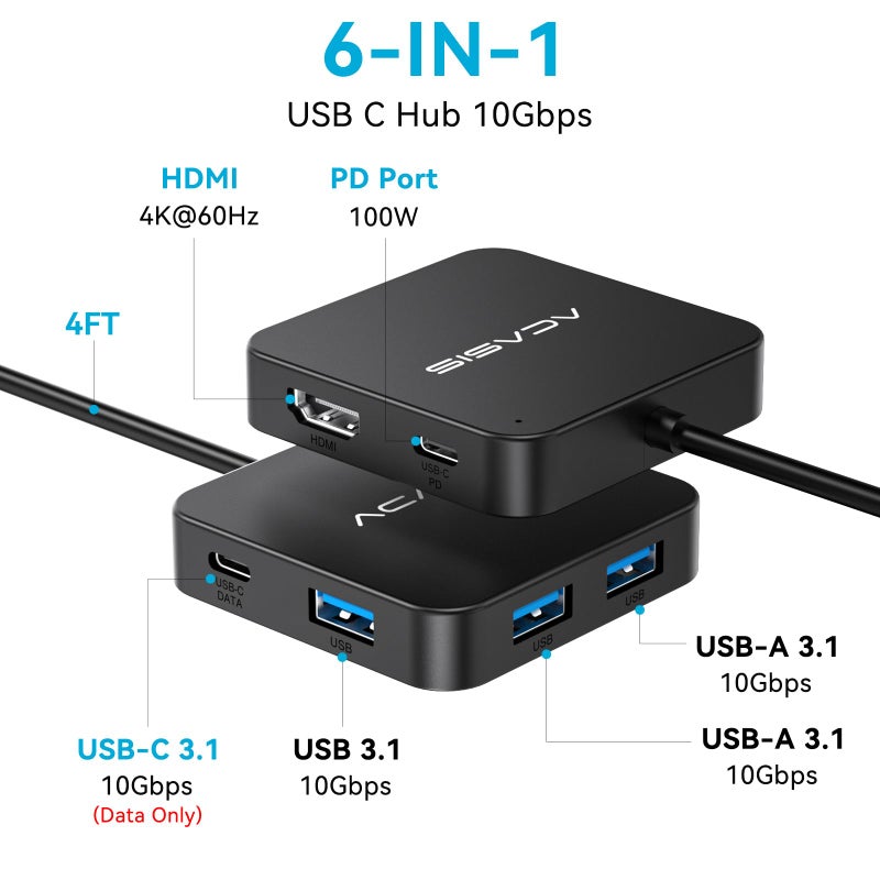 Acasis USB C Hub Long Cable 4FT 10Gbps, Multiport Adapter with 4K 60Hz HDMI, 100W Power Delivery, 3 USB A3.1+1 USB-C 3.1 Data Port, USB c to HDMI Adapter for MacBook, Dell, Lenovo, Surface, iPad PRO - Image 2