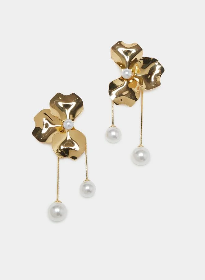 Styli Women Gold Floral Pearl Drop Earrings