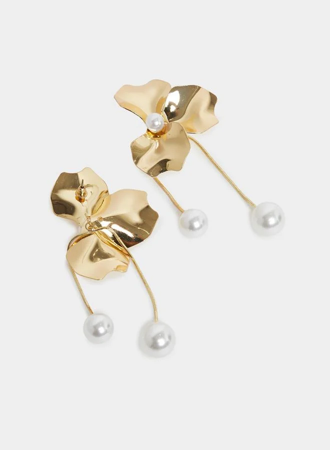 Styli Women Gold Floral Pearl Drop Earrings