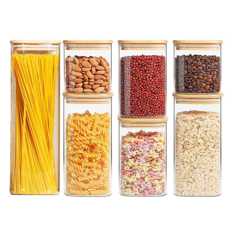 VAOdo 7Piece Airtight Plastic Food Storage Container Set with Bamboo Lids  Kitchen  Pantry Organizer Jars for Flour Cereal  More