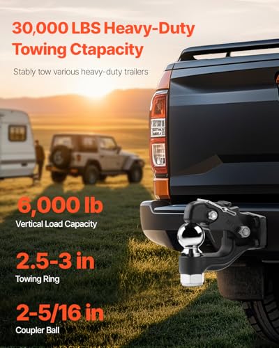 VEVOR Pintle Hook 30000 lbs Towing Capacity Trailer Hitches Receiver Hook Combination 2516inch Hitch Ball Fits 25 to 3inch Lunette Ring with Mounting Kit WearResistant Black Powder Coat - Image 3