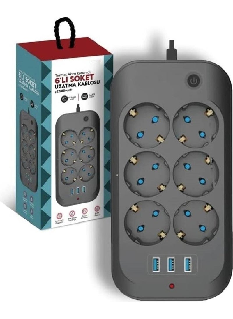 En Siga Thermal Current Protection, Child Protection, 6-way 2m Extension Cable 6 x Socket, 3 x USB Extension Cable 
