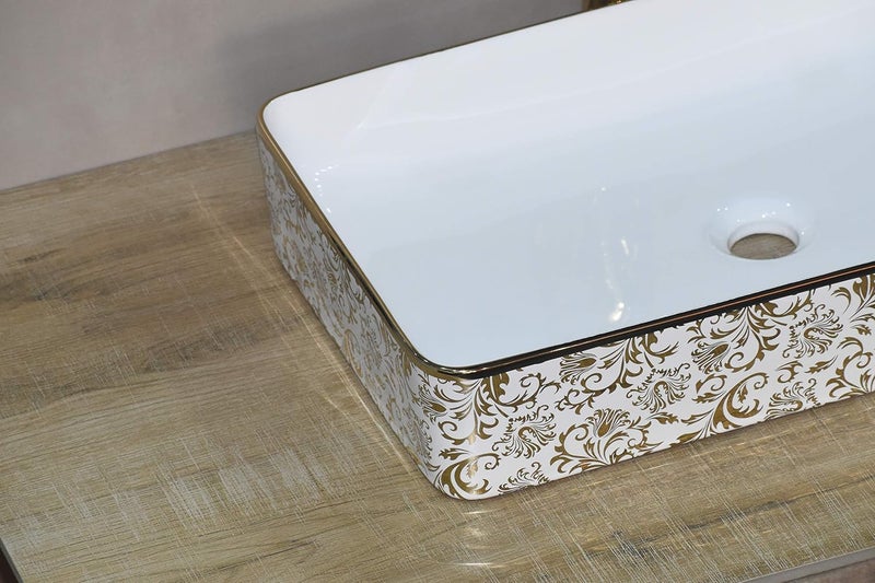 B Backline Ceramic Designer Rectangle Shape Table TopCounter TopVessel Sink Glossy Finish For Bathroom Living Room 61 X 34 X 11 Cm White Gold Flower - Image 3