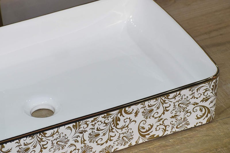 B Backline Ceramic Designer Rectangle Shape Table TopCounter TopVessel Sink Glossy Finish For Bathroom Living Room 61 X 34 X 11 Cm White Gold Flower - Image 2