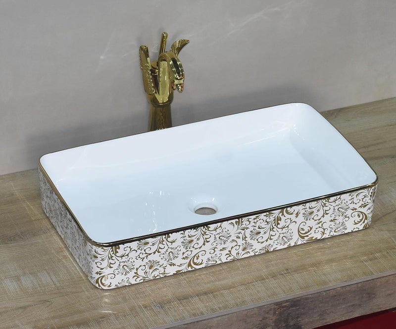 B Backline Ceramic Designer Rectangle Shape Table TopCounter TopVessel Sink Glossy Finish For Bathroom Living Room 61 X 34 X 11 Cm White Gold Flower - Image 1