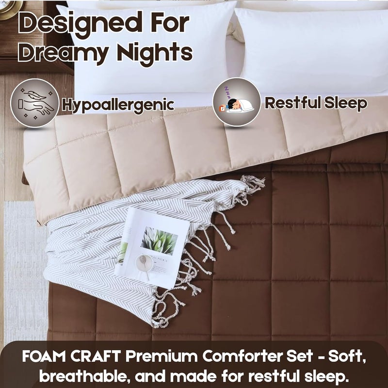 FOAM CRAFT طقم لحاف سرير FOAM CRAFT المكون من 3 قطع - لحاف بديل للريش المملوء بالدفء و2 غطاء وسادة (قهوة/بيج، 200 x 200سم) - Image 3
