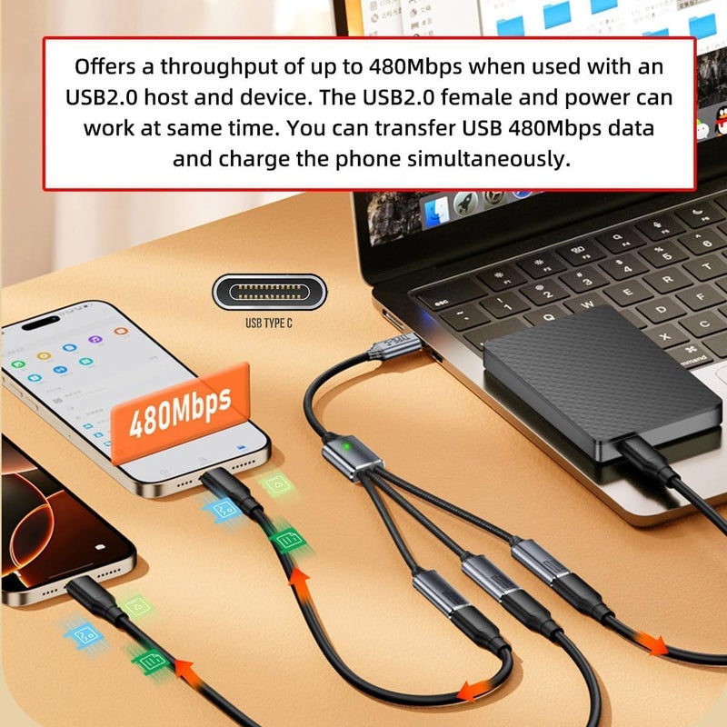 كاست ويف موزع USB 2.0 Type-C، كابل موزع من 3 منافذ USB-C إلى 3 منافذ، نقل بيانات بسرعة 480 ميجابت في الثانية، يعمل بالطاقة من الناقل لأجهزة الكمبيوتر المحمول والمكتبي والهاتف والفأرة ولوحة المفاتيح والطابعة والقرص - Image 2