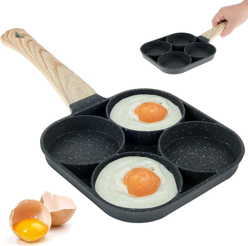 PRAMANTA 4 Hole Egg Frying Pan Burger Pan Multi Pancake Pan Egg Pan Non Stick Aluminum Fried Egg Pan for Breakfast Omelet Pan Poached Egg Burger Steak Pan for Induction and Gas 1Pcs - Image 1