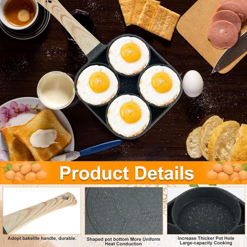 PRAMANTA 4 Hole Egg Frying Pan Burger Pan Multi Pancake Pan Egg Pan Non Stick Aluminum Fried Egg Pan for Breakfast Omelet Pan Poached Egg Burger Steak Pan for Induction and Gas 1Pcs - Image 2