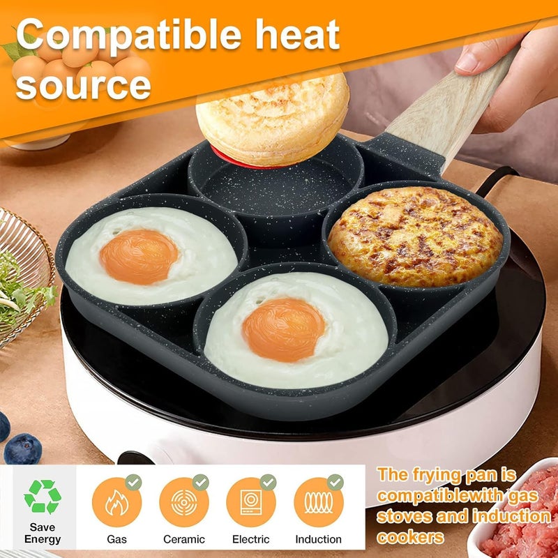 PRAMANTA 4 Hole Egg Frying Pan Burger Pan Multi Pancake Pan Egg Pan Non Stick Aluminum Fried Egg Pan for Breakfast Omelet Pan Poached Egg Burger Steak Pan for Induction and Gas 1Pcs - Image 3