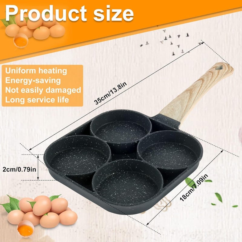 PRAMANTA 4 Hole Egg Frying Pan Burger Pan Multi Pancake Pan Egg Pan Non Stick Aluminum Fried Egg Pan for Breakfast Omelet Pan Poached Egg Burger Steak Pan for Induction and Gas 1Pcs - Image 4