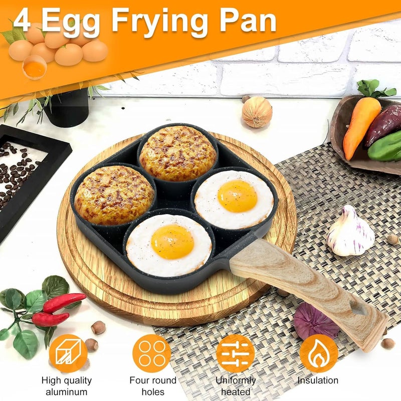 PRAMANTA 4 Hole Egg Frying Pan Burger Pan Multi Pancake Pan Egg Pan Non Stick Aluminum Fried Egg Pan for Breakfast Omelet Pan Poached Egg Burger Steak Pan for Induction and Gas 1Pcs - Image 5