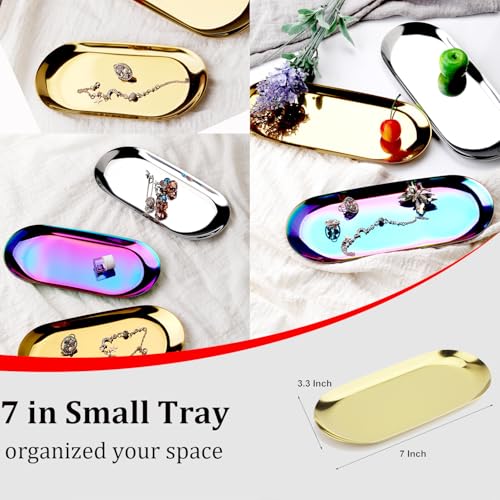 Fermus Stainless Steel Decorative Tray, Set of 2, 7 Inch Long, Jewelry Dish Cosmetics Organizer Bathroom Clutter Serving Platter Small Storage Tray, Oval, Gold - Image 2