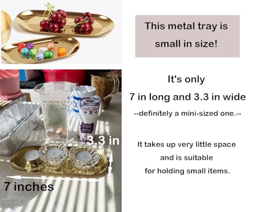 Fermus Stainless Steel Decorative Tray, Set of 2, 7 Inch Long, Jewelry Dish Cosmetics Organizer Bathroom Clutter Serving Platter Small Storage Tray, Oval, Gold - Image 5
