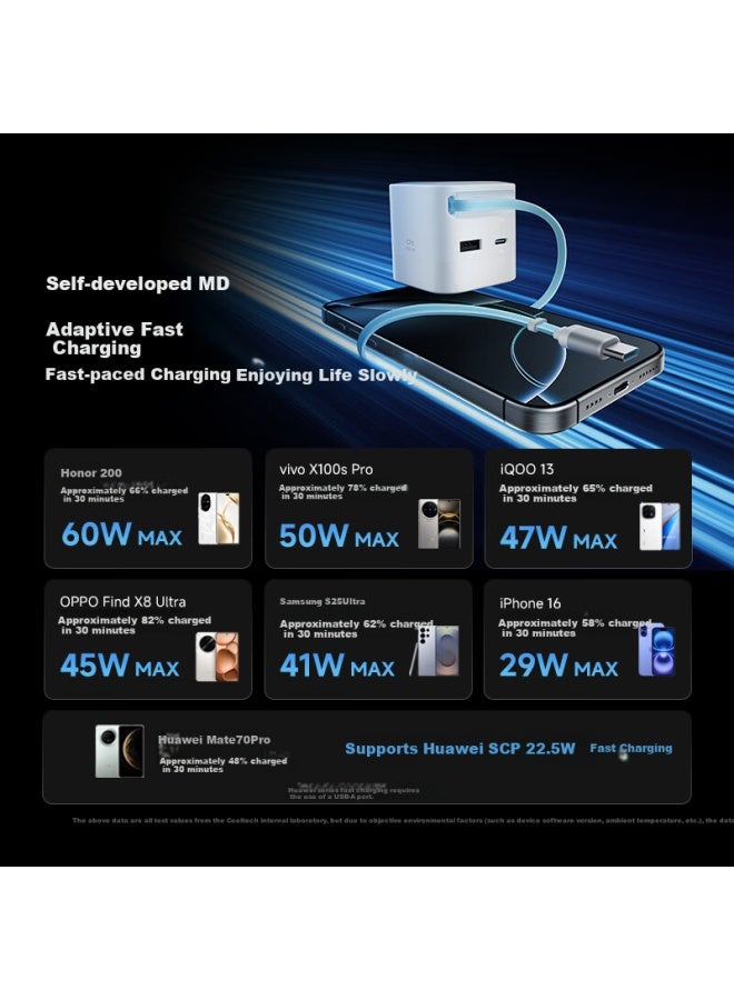Cuktech Cooltech Cp6 67w Gan Charger With Type-c Retractable Cable Multi-port Fast Charging Head For Apple 16/ Xiaomi/ Huawei Ipad Laptop - Image 1