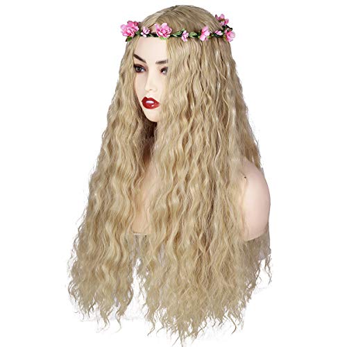 ColorGround Long Blonde Fluffy Cosplay Wig with Pink Flower Headband for Women - Image 5