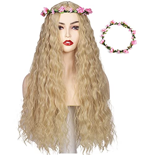 ColorGround Long Blonde Fluffy Cosplay Wig with Pink Flower Headband for Women - Image 1