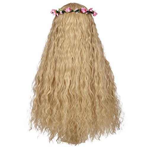 ColorGround Long Blonde Fluffy Cosplay Wig with Pink Flower Headband for Women - Image 4
