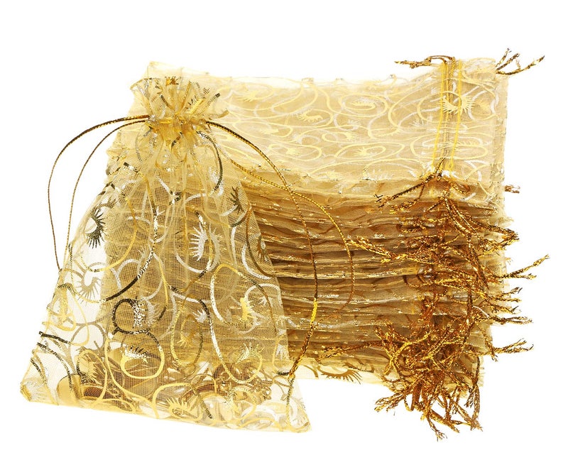 Shapenty 50PCS Organza Gift Bags Wedding Favor Candy Business Samples Display Jewelry Pouch Wrap with Drawstring for Baby Shower and Birthday Party Gold