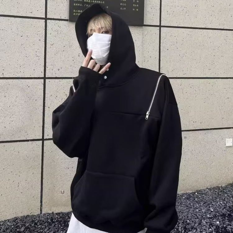 High-End Niche Shoulder Zipper Hoodie Men'S And Women'S Trendy Loose Retro Design Couple'S Top Men'S Trendy - Image 2