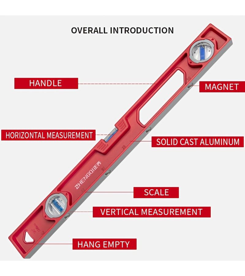 Red 600mm Spirit Level Aluminum Carpenter Tool with Free Tape Measure - Image 5