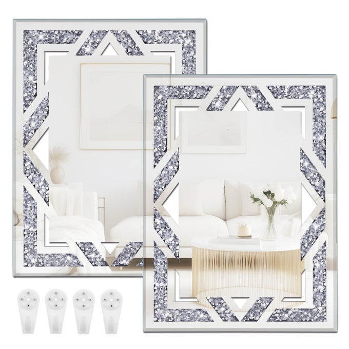 2 PIECE RECTANGULAR HOLLOW CRUSHED DIAMOND DECORATIVE MIRROR SILVER CRUSHED DIAMOND MIRROR DECOR WALL FOR LIVING ROOM BEDROOM BATHROOM 11X15
