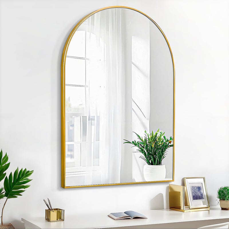 SCWFGZ 24x36 Arch Mirror Rectangle Full Length Wall Mounted Hanging or Against Wall Metal Frame Dressing Makeup Mirrors for Entryway Bedroom Bathroom Living Room 24 36 inch Gold