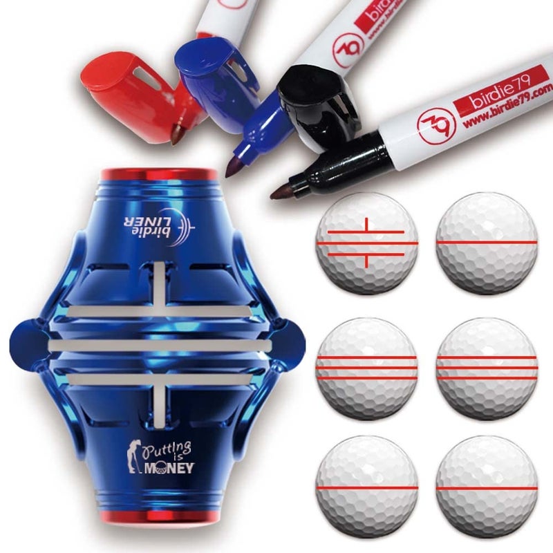 BIRDIE79 Birdie Liner Blue Golf Ball Marker Alignment Tool Kit - 360-Degree Triple Line Stencil with 3-Color Pens and Gift Box - Premium Quality(Blue) - Image 1