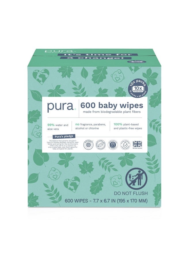 Pura Natural Sensitive Baby Wipes, 99% Water, Unscented & Hypoallergenic, Suitable for Sensitive & Eczema-prone Skin, Hypoallergenic, EWG Verified, 10 Pack of 60 Wet Wipes (600 Diaper Wipes) Bulk Buy - Image 1