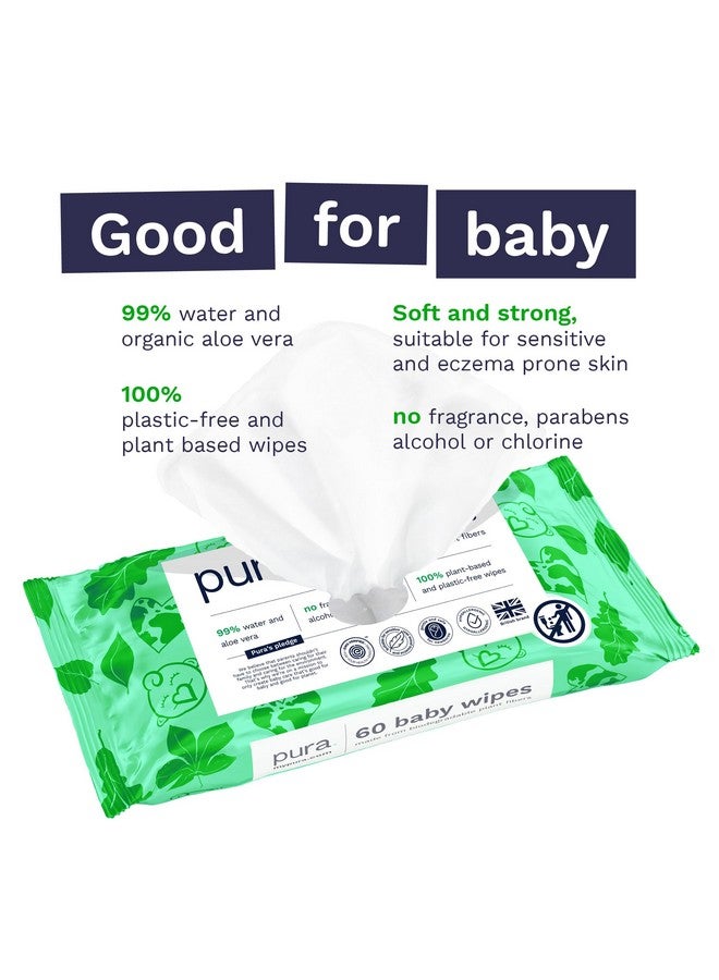Pura Natural Sensitive Baby Wipes, 99% Water, Unscented & Hypoallergenic, Suitable for Sensitive & Eczema-prone Skin, Hypoallergenic, EWG Verified, 10 Pack of 60 Wet Wipes (600 Diaper Wipes) Bulk Buy - Image 3