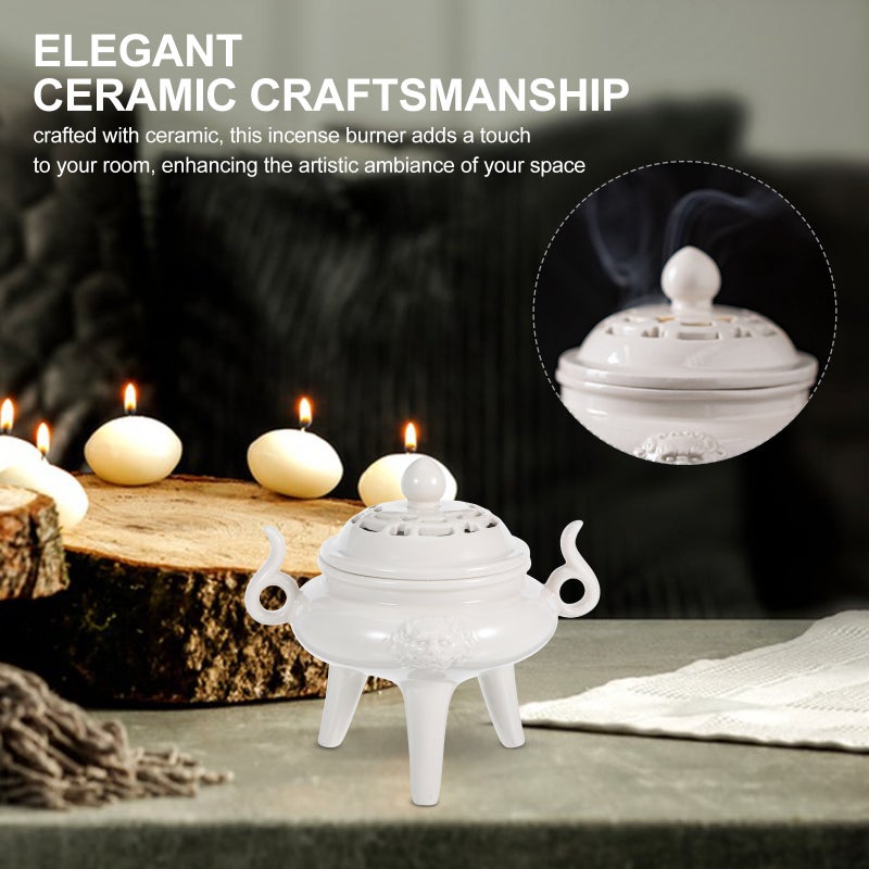 Ceramic Incense Burner with Lid Three-Legged Aromatherapy Censer Decorative Burner for Room Decor White - Image 2