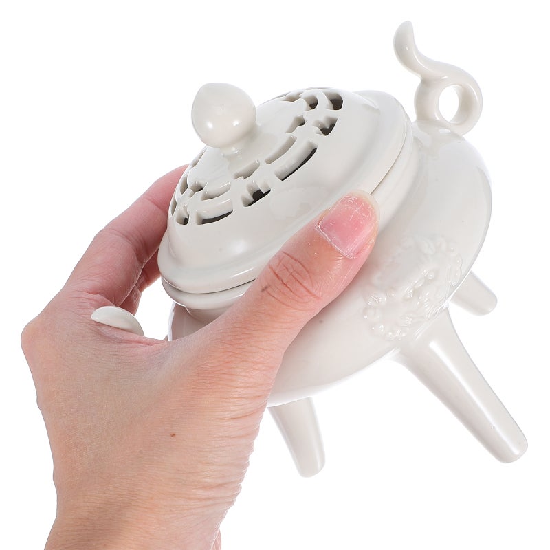 Ceramic Incense Burner with Lid Three-Legged Aromatherapy Censer Decorative Burner for Room Decor White - Image 4