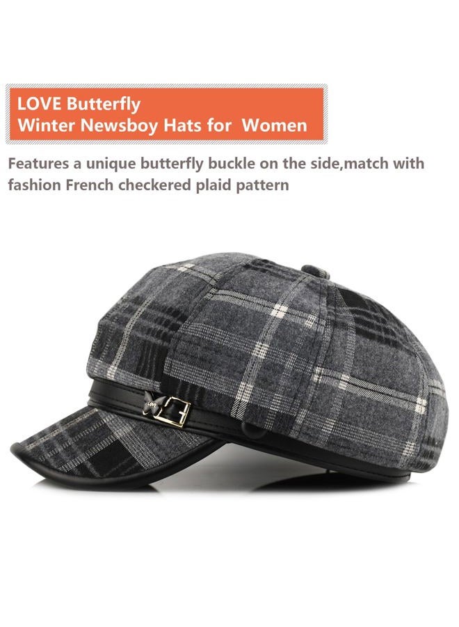 KORIXINE Newsboy Hats for Women - Retro Classic Plaid Hat Fashionable British Irish Beret Cap Girls Vintage Dressy Caps, Black Butterfly, One size - Image 2