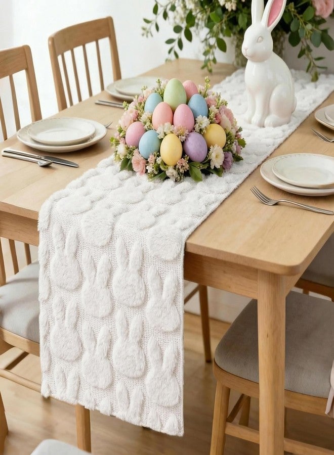 Apear1 Easter Table Runner White Soft Plush Faux Fur Jacquard Bunny Kitchen Dining Table Decoration for Farmhouse Home Party Decor (White, 13" x 90") - Image 1