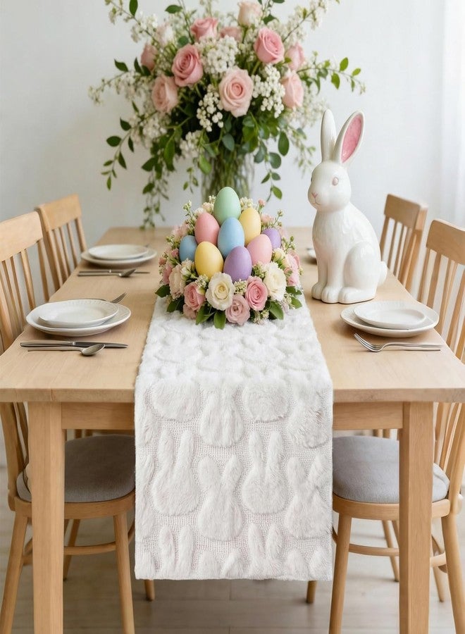 Apear1 Easter Table Runner White Soft Plush Faux Fur Jacquard Bunny Kitchen Dining Table Decoration for Farmhouse Home Party Decor (White, 13" x 90") - Image 2