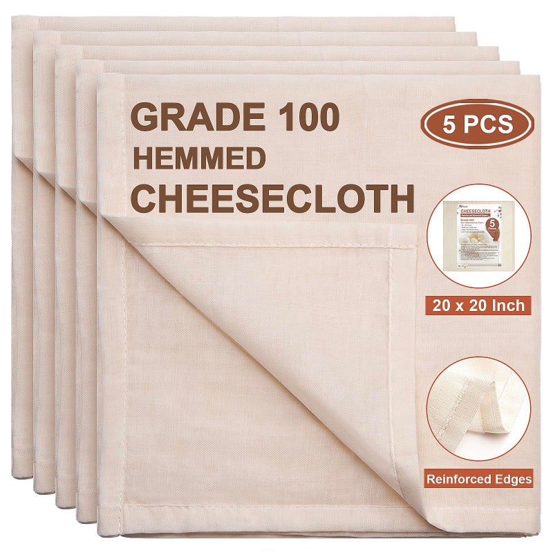 Cheese Cloths 5 PCS Precut 20x20 Inch Grade 100 Hemmed Cheesecloth for Straining Cooking Fine Mesh Cloth Strainer Reusable 100 Unbleached Cotton Muslin Cloth for Juicing Baking Cheese Making