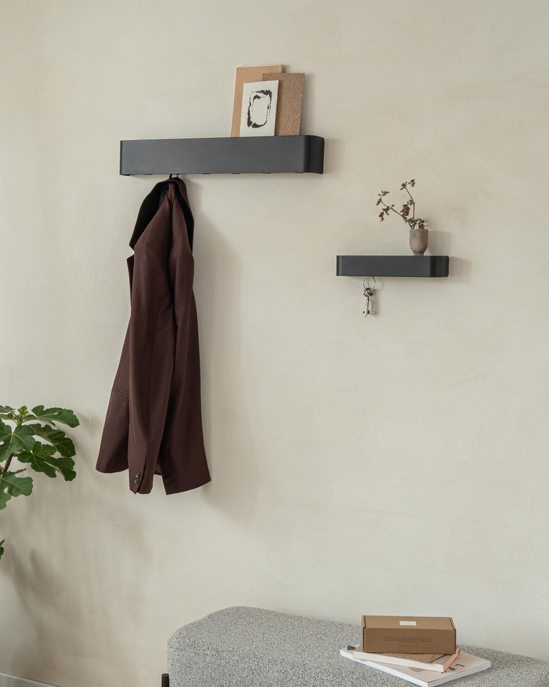 Kazai.Â® Coat Rack Wall Mount with Shelf 'Tone' | Modern Design Coat Hanger with Hidden Hooks and Storage | Hat Rack with Shelf in Metal | Wall-Mounted Purse Organizer | Black - Image 4