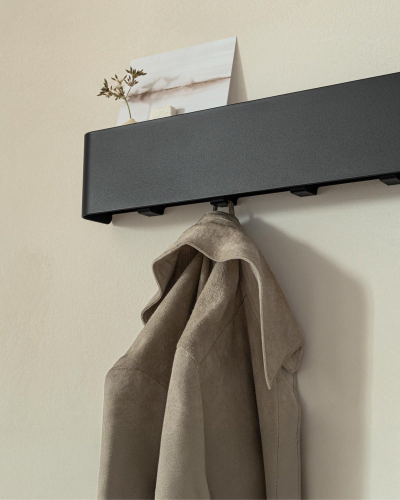 Kazai.Â® Coat Rack Wall Mount with Shelf 'Tone' | Modern Design Coat Hanger with Hidden Hooks and Storage | Hat Rack with Shelf in Metal | Wall-Mounted Purse Organizer | Black - Image 3