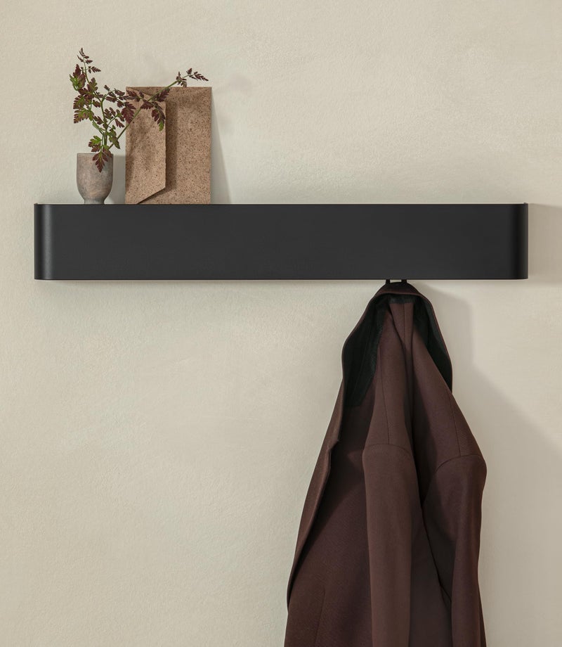 Kazai.Â® Coat Rack Wall Mount with Shelf 'Tone' | Modern Design Coat Hanger with Hidden Hooks and Storage | Hat Rack with Shelf in Metal | Wall-Mounted Purse Organizer | Black - Image 1