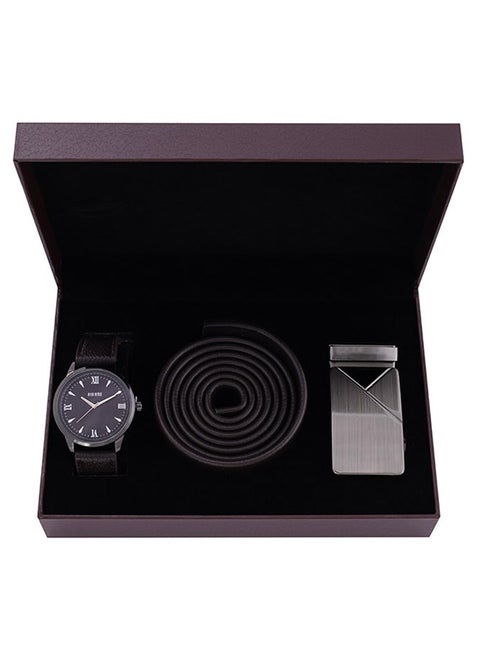 Men's Analog Metal Case Black Dial Black Leather Strap, Leather Belt Set
