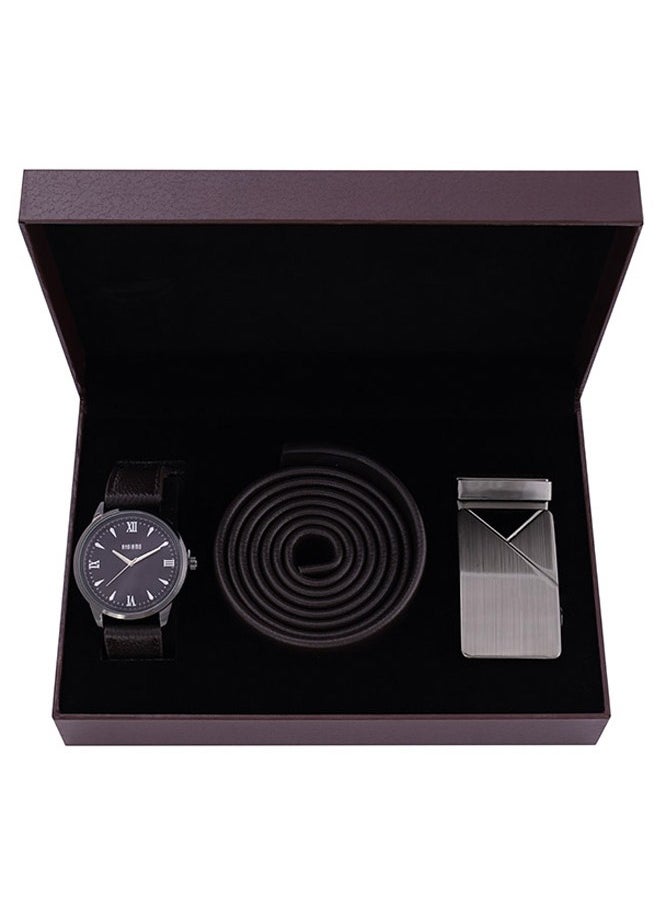 ANDIAMO Men's Analog Metal Case Black Dial Black Leather Strap, Leather Belt Set 